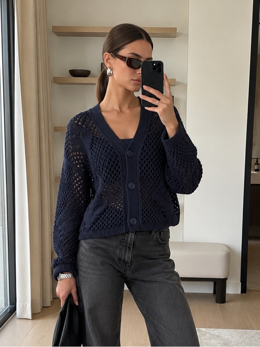 LINE The Label Navy Open-Knit Cotton V-Neck Button Cardigan Size S